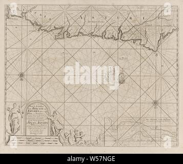 Meer Diagramm der Teil der Bucht von Biskaya in der Nähe von Bilbao Neue Pascaart an der Küste der Biskaya und Asturien zwischen Bilbao und Luarca (Titel auf Objekt), Seekarte der Teil der Bucht von Biskaya im Bilbao, mit drei Kompass Rosen. Unten rechts eine Wette mit einer detaillierten Karte des Flusses Nervión. Unten links eine Frau mit einem Anker und einem Papagei, Neptun mit Dreizack und Krone und zwei Tritonen auf eine Kartusche mit den Titel, die Adresse von dem Herausgeber und dem Maßstab, in Deutsch, Englisch und Spanisch oder Französisch Meilen gezeigt, Segeln, Schiff, Segelboot, merman-AA-Meerjungfrau, Sirenen Stockfoto