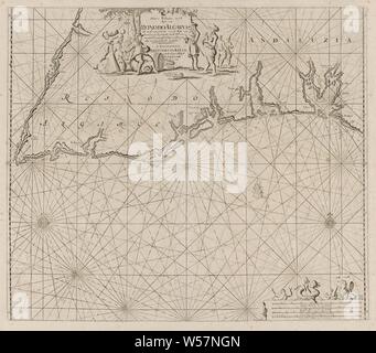 Nautische Karte von Teil an der Südküste von Portugal und Spanien mit der Algarve und Andalusien neue Pass Karte, von der Küste von Reino Do Algarve sowie Teil der Küste von andaluzia. von C.d.S. Vincent zu einem Kliff (Titel auf Objekt), Karte von einem Teil der Südküste von Portugal und Spanien mit der Algarve und Andalusien, mit zwei Kompass Rosen, der Norden ist oben. Oben in der Mitte eine Kartusche mit den Titel und die Adresse der Herausgeber, durch eine Sailor und einige Händler umgeben. Unten rechts eine Meerjungfrau und zwei Nixen im Maßstab, in Deutsch, Englisch und Spanisch oder Französisch gezeigt Stockfoto