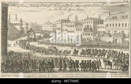 Triumph zu Ehren der Siege von König William III. in Irland, 1690 siegreichen Inhalingh seiner Königlichen Majestät in London über die Victoria in Yerlandt Kämpfen, lange Triumph, in dem König William III Maria II Stuart in einem Royal Carriage um anlässlich der Siege in Irland vertrieben werden. In der Bildunterschrift die Legende von 1-15. Drucken auf der rechts oben: fol: 84, feierliche Prozession, Parade, Pageant, Installation eines Herrschers, London, James II (König von England und Schottland), William III (Prinz von Oranien, König von England, Schottland und Irland), Maria II Stuart (Königin von England, Jan Luyken. Stockfoto