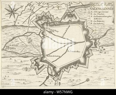 Valenciennes Karte, 1673-1686 Ville de Valenciennes Plan (Titel auf Objekt), Karten der Städte, Valenciennes, Jan Luyken, Amsterdam, 1673 - 1686, Papier, Ätzen, H 122 mm x B 157 mm Stockfoto