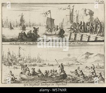 Abfahrt und Ankunft des Prinzen Wilhelm III. in England, 1688 seine Hoheit Prinz Wilm die III, nach England, int., Bogen mit zwei Darstellungen. Vor der Abreise des Prinzen William III nach England von Renesse am 11. November 1688. Unterhalb der Ankunft an der englischen Küste, 15. November 1688. Markiert oben rechts: fol. 763, Abfahrt, Reisen, Hin- und Rückfahrt, Willem III (Prinz von Oranien, König von England, Schottland und Irland), Jan Luyken, 1689, Papier, Ätzen, H 113 mm x B 136 mm Stockfoto