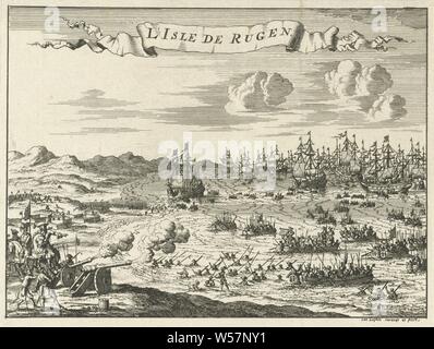 Invasion von Rügen, 1678 L'Isle De Rügen (Titel auf Objekt), eine BRANDENBURGISCH und ein dänisches Heer der Insel Rügen während der Invasion zu erobern, 23. September 1678, Schlacht, Kampf im Allgemeinen, Rügen, Jan Luyken (auf Objekt erwähnt), Amsterdam, 1680, Papier, Ätzen, H 122 mm x B 160 mm Stockfoto