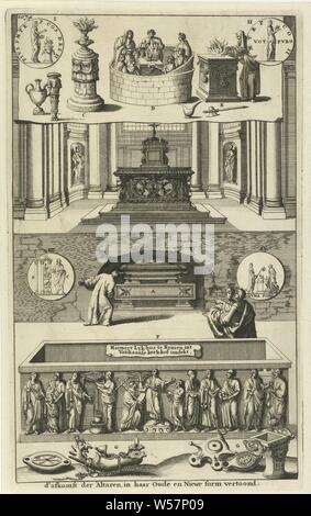 Vier verschiedene Altäre aus der Altäre, in seiner alten und neuen Form (Titel auf Objekt gezeigt), nummeriert, oben links: 1074, Altar, Jan Luyken, Amsterdam, 1690, Papier, Ätzen, H 276 mm x B 169 mm Stockfoto