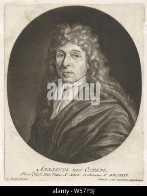 Portrait von Adriaen van Ostade, der Maler Adriaen van Ostade. Er trägt ein Spitzenkragen, Adriaen van Ostade, Jacob Gole (auf Objekt erwähnt), Amsterdam, 1685, Papier, Gravur, H 198 mm x B 159 mm Stockfoto