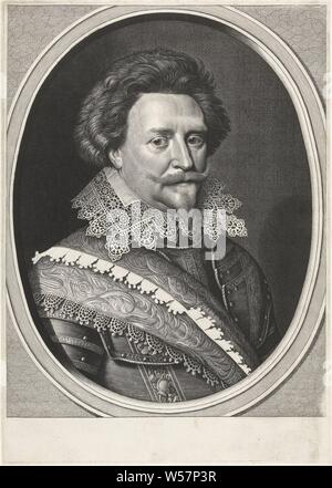 Portrait von Frederik Hendrik, Prinz von Oranien, Büste mit Spitzenkragen über Rüstung in ovaler Rahmen, Frederik Hendrik (Prinz von Oranien), Willem Jacobsz. Delff, Delft, 1624, Papier, Gravur, H 418 mm x B 295 mm Stockfoto