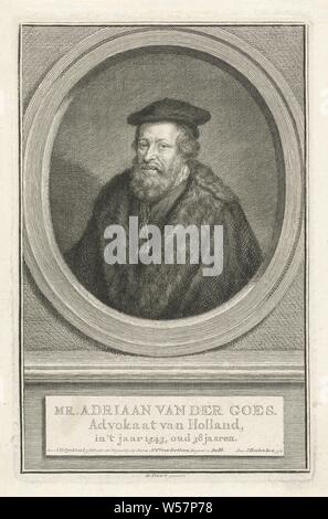 Portrait von Adriaan van der Goes Herrn Adriaan van der Goes, Büste nach links von Adriaan van der in einem Oval geht. Das Porträt ruht auf einem Sockel, auf dem sein Name und Informationen in den drei Zeilen in Holländisch geschrieben sind, Adriaan van der Goes (1505-1560), Jacob Houbraken (auf Objekt erwähnt), Amsterdam, 1749 - 1759, Papier, Gravur, H 180 mm x B 115 mm Stockfoto