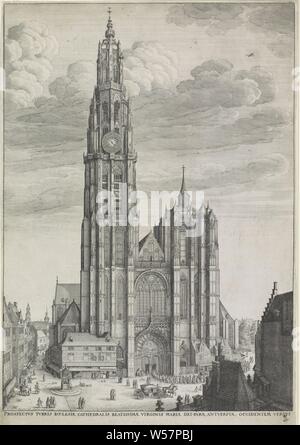 Westfassade der Kathedrale Unserer Lieben Frau in Antwerpen, Kirche (außen), die Kathedrale Unserer Lieben Frau (Antwerpen), Wenzel Hollar (auf Objekt erwähnt), Antwerpen, 1649, Papier, Ätzen, H 488 mm x B 337 mm Stockfoto