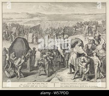 Überquerung des Jordan, der sich vorne links sind Priester, die die Lade des Bundes tragen. In der Mitte, zwölf Männer, je einen Stein von der Unterseite des Jordan. Dahinter, die Israeliten den Jordan River. Hinter ihnen, das Wasser der Jordaan formen einen Damm. Unter Verweis auf joz. 3:14-17 und den Titel der Seite drucken in Hebräisch, Englisch, Deutsch, Latein, Französisch und Niederländisch, zwölf Männer nehmen zwölf Steine auf aus der Mitte des Flusses, Überquerung des Jordan von den Israeliten, Cornelis Huyberts (auf Objekt erwähnt), Amsterdam, 1720 - 1728, Papier, Gravur, H 358 mm x B 432 mm Stockfoto