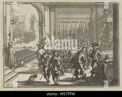 Charles V Thron Abstand Lémpereur ses sogar eine etaes sind Fils, Thron, um den Abstand des Kaiser Karl V. Am 25. Oktober 1555 in Brüssel, wo er sein Sohn Philipp II Herr der Niederlande. Im Hintergrund die Abreise von Charles V von Vlissingen, nach seinem Thron, um die Abtei San Jerónimo, Thronsaal, Insignien und Symbole der Souveränität (Krone, Diadem, Zepter, Reichsapfel, Dichtung, Standard, Mantel, Pektorale), Kloster San Jerónimo de Yuste, Brüssel, Hitzegefühl, Karl V. von Habsburg (Deutsche Kaiser und König von Spanien) Philipp II (König von Spanien), Jacobus Harrewijn (auf Objekt erwähnt), Nederlanden Stockfoto