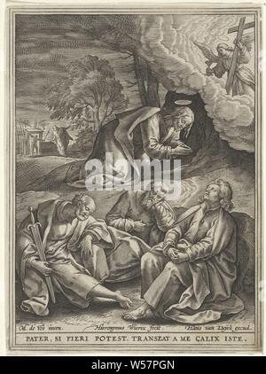 Christus im Garten Gethsemane Passion Christi (Titel der Serie), Christus betet im Gericht von Gethsemane. Ein Engel mit Kelch scheint vom Himmel. Im Vordergrund Petrus, Jacobus und Johannes Schlaf. Im Hintergrund, Judas führt Soldaten durch das Tor. In der Marge eine Beschriftung in Lateinamerika, die sich auf die Leistung bezieht, das Gebet Christi im Garten Getsemani während der Nacht, Hieronymus Wierix (auf Objekt erwähnt), Antwerpen, 1563 - vor 1586, Papier, Gravur, H 140 mm x B 104 mm Stockfoto