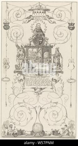 Zenteprent mit Exil von Hugo de Groot, Ornament drucken Mit einer Büste Portrait von Thomas Erpenius und unter seinem Wappen. In der Mitte ein 6-line Gedicht in Niederländischen über das Exil des Caecilius Metellus Numidicus aus Rom mit über eine Darstellung des Exils von Hugo de Groot, von Athen und Quecksilber flankiert, (Geschichte der) Minerva (Pallas Athene), (Geschichte der) Merkur (Hermes), Hugo de Groot, Thomas Erpenius, Cornelis de Jonker (auf Objekt erwähnt), Gorinchem, 1791, Papier, H 359 mm x B 199 mm Stockfoto