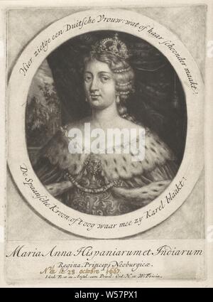 Portrait von Königin Maria Anna von Spanien Maria Anna, Königin von Spanien und Prinzessin von Neuburg. Frau von Karl II. von Spanien. Sie trägt eine Krone und eine Krönung Mantel, Krone (Symbol der Souveränität), Mantel, Kleid, Kleid (Symbol der Souveränität), Maria Anna (Königin von Spanien, Prinzessin von Neuburg-Palatinate), Jacob Gole (auf Objekt erwähnt), Amsterdam, 1682 - 1724, Papier, Gravur, h 190 mm × 140 mm. Stockfoto