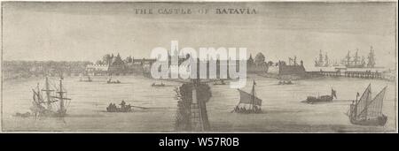 Anzeigen von Batavia Schloss Das Schloss von Batavia (Titel auf Objekt) eine Botschaft von der East India Company der Vereinigten Provinzen, dem Großen Zahnstein Cham Kaiser von China (Titel der Serie), Segeln, Schiff, Segelboot, Küste, Schloss, Schloss Batavia, Wenzel Hollar, London, 1669, Papier, Ätzen, H 104 mm x B 308 mm Stockfoto