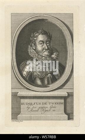 Portrait von Rudolf II. von Habsburg, Kaiser, Porträt Büste in Oval von Rudolf II. von Habsburg, gelobt, in der Rüstung, auf der das Symbol des Ordens vom Goldenen Vlies hängt. Unter dem Oval seinen Namen und Titel auf einem Sockel, Orden Orden vom Goldenen Vlies, Rudolf II. von Habsburg (Deutscher Kaiser), Christian Friedrich Fritzsch erwähnt werden (auf Objekt erwähnt), 1753-1774 und/oder 1786, Papier, Ätzen, h 178 mm × 111 mm. Stockfoto