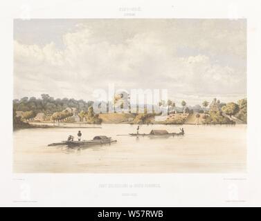 Anzeigen von Post Gelderland und Juden Savannah Gezigten aus Neerland's West-Indien (Titel der Serie), Auf dem Fluss gibt es zwei Ruderboote mit Schwimmern mit vier Zahlen. Verschiedene Gebäude auf dem Ufer, Fluss, Suriname, Jakob Eduard van Heemskerck jonkheer Van Beest (auf Objekt erwähnt), 1860-1862, Papier, H 424 mm x B 545 mm Stockfoto