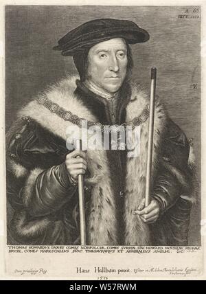 Portrait von Thomas Howard, Graf von Norfolk, Portrait der englische Staatsmann Thomas Howard, Graf von Norfolk. Um seinen Hals die Zeichen des Ordens der Strumpfband, Ritterschaft (STRUMPFBAND), Thomas Howard (3. Anzahl der Norfolk), Lucas Grimm (I) (auf Objekt erwähnt), England, 1624 - 1630, Papier, Gravur, H 273 mm x B 200 mm Stockfoto