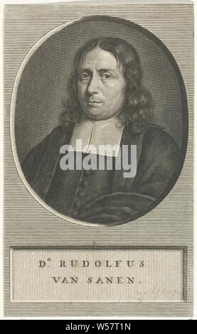 Portrait von Rudolf van Sanen, Rudolf van Sanen, einem niederländischen Pastor, Pieter van Gunst (auf Objekt erwähnt), Amsterdam, 1659 - 1731, Papier, Gravur, H 140 mm x B 86 mm Stockfoto