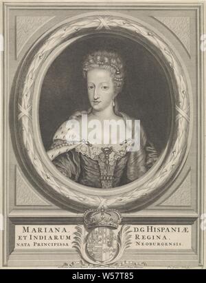 Portrait von Königin Maria Anna von Spanien Maria Anna, Königin von Spanien und Prinzessin von Neuburg. Frau von Karl II. von Spanien. Unter dem Porträt ihr Wappen, Maria Anna (Königin von Spanien, Prinzessin von Neuburg-Palatinate), Pieter van Gunst (auf Objekt erwähnt), Amsterdam, 1659-1700, Papier, Ätzen, H 369 mm x B 285 mm Stockfoto