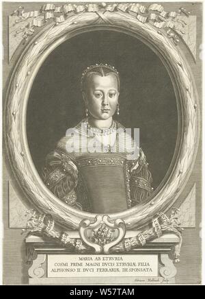 Portrait von Maria de Medici Porträts der De' Medici (Titel der Serie), Portrait in der Hälfte von Maria de Medici, Tochter von Cosimo I und Eleonora von Toledo und zunächst die versprochene Frau des Herzogs von Ferrara, in ein Oval mit einem Lorbeerkranz umgeben. An der Unterseite in einer Kartusche ein Vogel durch ein Schiff. Unten, die auf einem Tablet-PC unter einem Sockel seinen Namen und zwei Zeilen in Lateinamerika, Perle, Perle Halskette (Kleidungsstücke), Ohrringe, Zubehör (Kleidung), Maria de', Verlobten, der Herzog von Ferrara Medici, Adriaen Haelwegh (auf Objekt erwähnt), der Nördlichen Niederlande, C. 1647 - C. 1696, Papier, Gravur, h 349 Stockfoto