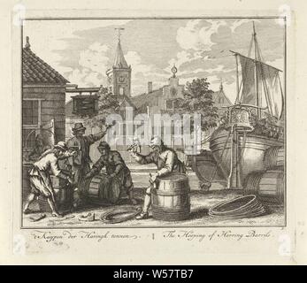 Wannen von hering Barrel 't Kuypen der Haringh Fässer/Die Hooping von Hering Barrils (Titel auf Objekt) Groote Vissery (Titel der Serie), Kuipers Herstellung Hering Fässer auf dem Kai, auf der rechten Seite ist ein Boot an Land. Im Hintergrund die Häuser und eine Kirche Turm. Der Druck ist Teil einer 32-teiligen Serie von Drucken mit Darstellungen über die heringe Fangen, See- und Küstenfischerei, Knochenfischen: Hering, Holz- container: Fass, Fass, Schaufel, Kunsthandwerk, Holz, Schnittholz, Adolf van der Laan, Amsterdam, 1728 - 1761, Papier, Ätzen, H 178 mm x B 207 mm Stockfoto