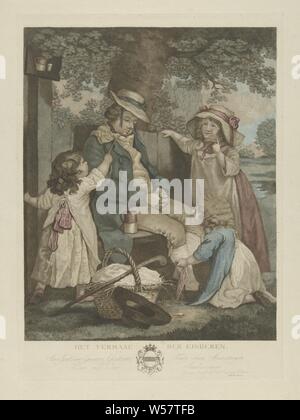 Mann und Kinder spielen Het Vermaak der Kinderen. (Titel auf Objekt), Garten mit einem Mann und drei Kinder. Eines der Kinder kitzelt die Mann mit einem Grashalm, ein anderes bindet seine Füße. Im Vordergrund ein Korb, Spazierstock, Hut und Rohr. In der Marge ein Wappen, Spiele für Kinder und spielt, Pieter Hendrik Jonxis (auf Objekt erwähnt), Utrecht, 1772 - 1843, Papier, Ätzen, H 499 mm x B 364 mm Stockfoto