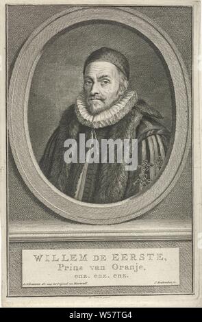 Portrait von Wilhelm I., Prinz von Oranien Wilhelm der Erste, Prinz von Oranien, etc. etc. etc. (Titel auf Objekt), Porträt von William ich in ein Oval. In einem Frame sein Name, Willem I (Prinz von Oranien), Jacob Houbraken (auf Objekt erwähnt), Amsterdam, 1749 - 1759, Papier, Gravur, H 177 mm x B 115 mm Stockfoto