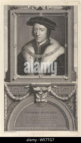 Portrait von Thomas Howard, Earl of Norfolk, Thomas Howard, Graf von Norfolk und Präsident der Königlichen Rat von England während der Regierungszeit Heinrichs VIII. Der Ausdruck hat als Bildunterschrift ein französisches Gedicht über seine Beziehung zu Henry VIII, Thomas Howard (3. Anzahl der Norfolk), Pieter van Gunst (auf Objekt erwähnt), Amsterdam, C. 1669-1731, Papier, Ätzen, H 319 mm x B 186 mm Stockfoto