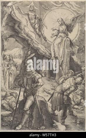 Die Auferstehung Christi, die Leidenschaft (Titel der Serie), Christus schwimmt am Eingang sein Grab mit einem Sieg Banner in der Hand. Die drei Marien stehen am Eingang des Grabes und sehen ein Engel sitzt auf dem Weggedrückt Stein. Ein paar Soldaten sind verängstigt und einige sind auf dem Boden zu schlafen, Christus, in der Regel mit einem Banner, ergibt sich aus dem Grab, oft mit Schlaf- und/oder ängstliche Soldaten kombiniert, Christus, schweben über oder in der Nähe des Grabes, Angel (s) die heiligen Frauen, die Auferstehung Christi, anonym, Niederlande, 1596 und/oder 1596-1667, Papier, Gravur, H 198 mm Stockfoto