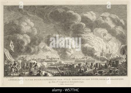 Bombardierung von Bergen op Zoom, 1747 Bild von der Bombardierung der Stadt Bergen op Zoom in den Graben, der französischen, der auf der 1. August des Jahres 1747 (Titel auf Objekt) Zehn Gesichter der Ruinen nach der Belagerung und Zerstörung von Bergen op Zoom in 1747 (Titel der Serie), die Bombardierung von Bergen op Zoom durch die Franzosen am 1. August 1747. Blick vom französischen Camp auf die brennende Stadt. Teil der Serie mit zehn Gesichter der Ruinen nach der Belagerung und Zerstörung von Bergen op Zoom durch die Franzosen in Juni-september 1747, Bombardierung, Belagerung, Bergen op Zoom, Simon Fokke (auf Objekt erwähnt), Amsterdam, 1772, Papier, Ätzen Stockfoto
