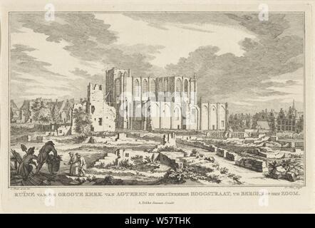 Ruine der Grote Kerk von Bergen op Zoom, 1748 Ruine der Grote Kerk und Hoogstraat, in Bergen op Zoom in den Graben (Titel auf Objekt) Zehn Gesichter der Ruinen ruiniert Nach der Belagerung und Zerstörung von Bergen op Zoom in 1747 (Titel der Serie), Ruinen der großen Kirche (St. Gertrudis Kirche) von Bergen op Zoom, von der Rückseite des Jahres 1748 gesehen. Teil der Serie mit zehn Gesichter der Ruinen nach der Belagerung und Zerstörung von Bergen op Zoom durch die Franzosen in Juni-september 1747, verwüstet, Ort oder Stadt ruiniert (Warfare), Ruine der Kirche, Kloster, etc., Bergen op Zoom, Simon Fokke Stockfoto