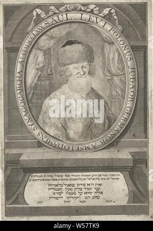 Portrait von Saul Ben Arjeh Leib Polonus, Portraitbüste in Oval rechts von Rabbi Saul Ben Arjeh Leib Polonus, mit Fell hat. Auf dem ovalen Rahmen um das Porträt ist eine lateinische Inschrift. Das Porträt ist auf ein Podest auf dem ein Text in Hebräisch, Saul ben Aryeh Loeb Loewenstamm, Christian Friedrich Fritzsch geschrieben wird (auf Objekt erwähnt), 1780, Papier, Gravur, H 306 mm x B 212 mm Stockfoto