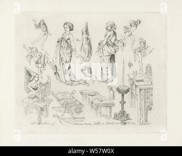 Studie Blatt mit Tanz und Musik - Zahlen, Studie Blatt mit Tanz und Musik - Zahlen, die in der mittelalterlichen Kleidung. Auf der linken Seite eine tanzende Narr mit einem marot und auf der rechten Seite ein Mann spielt eine Flöte und ein gleichzeitig drum. In der Mitte eine Dame mit einem spitzen Hut auf dem Kopf und einen Apfel in der rechten Hand. Unter einer Frau spielt eine Harfe und trägt einen spitzen Hut. Neben ihr eine Reihe von mittelalterlichen Möbel, einschließlich einer Wiege und eine verzierte Kerze stehen, Hofnarr, Gericht, Narr, Attribute der Hofnarr, Leuchter, Flöte, aulos, Tibia, Drum (Musikinstrument), Mann tanzen Stockfoto