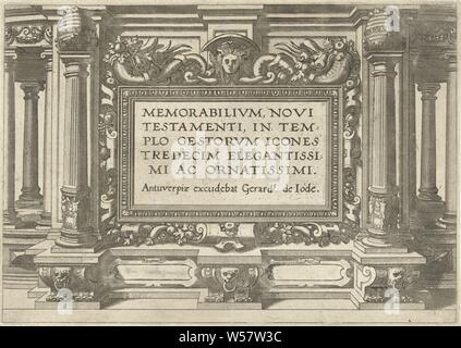 Memorabilivm Novi Testamenti in templo gestorvm Icones ac tredecim elegantissimi ornatissimi (Titel auf Objekt) Architektonische Titel Drucken für eine Serie von 13 Drucke mit Veranstaltungen aus dem Neuen Testament, die sich um den Tempel., Blick auf die Stadt, Landschaft mit künstlichen Konstruktionen, Landschaften mit Wasser, Wasserlandschaften, Seelandschaften (in der gemäßigten Zone), Kirche (außen), Eger, Lucas van Doetechum, Antwerpen, C. 1572, Papier, Ätzen, H 203 mm x B 288 mm Stockfoto