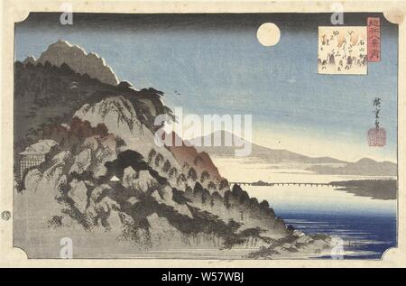 Herbst Mond in Ishiyama Ishiyama keine shugetsu (Titel auf Objekt) Acht Ansichten der Provinz Omi (Titel der Serie) Omi hakkei, Berglandschaft mit der Linken, gegen den Berghang, der Ishiyama Tempel und im Hintergrund die Biwa See mit der Seta Brücke, bei Vollmond. Auf dem Platz Kartusche oben rechts ein Gedicht, Vollmond, Hiroshige (I), Utagawa (auf Objekt erwähnt), 1833-1837, Papier, Farbholzschnitt, H 245 mm x B 370 mm Stockfoto