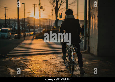 Mann reiten Fahrrad an der Kreuzung bei Sonnenuntergang in Kyoto, Japan warten Stockfoto