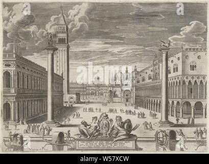 Blick auf die Piazzetta in Venedig, 1585 Vrbs Venetvm vt Nvlli (...) (Titel auf Objekt), mit Blick auf die Piazzetta (der Teil von der Piazza San Marco zwischen dem Palazzo Ducale und der Biblioteca Marcianate) in Venedig, im Jahr 1585. Verschiedene Figuren und zwei Spalten mit der Statue von St. Teodoro von Amasea und der Löwe von Mark auf dem Platz. Direkt vor das Wappen der Stadt Venedig auf ein Podest, von einem Fluss Gott und einem Fluss Göttin flankiert. In der Box auf dem Podest vier Linien in Lateinamerika, Fluss - Götter, Piazzetta San Marco, Pieter de Jode (I), Niederlande, 1590 - 1632, Papier, Ätzen, h309 mm × w 423 Stockfoto