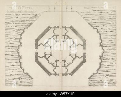 Blick auf den Herkules und Wasser spielen bei Karlsberg Delineatio montis ein Metropoli Hasso-Cassellana uno circiter milliari distantis (...) (Titel der Serie) Disegno del Monte situato Presso la citta Metropolitana di Cassel (...) (Titel der Serie), Prent ist Teil eines Albums, Blick auf die Stadt, und Landschaft mit künstlichen Konstruktionen, Garten Brunnen, Schloss, künstliche Grotte in Garten, Karlsberg, der Bergpark Wilhelmshöhe, Herkules, Giovanni Girolamo Frezza (auf Objekt erwähnt), 1706, Papier, Ätzen, H 765 mm x B 680 mm Stockfoto