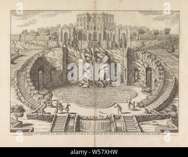 Brunnen vor der Herkules in Karlsberg Prospekt fontis in Bereich ubi sunt Reichweite und aquarum decidentium effluvi (...) (Titel auf Objekt) Delineatio montis ein Metropoli Hasso-Cassellana uno circiter milliari distantis... (Titel der Serie) Disegno del Monte situato Presso la citta Metropolitana di Cassel ... (Titel der Serie), Drucken ist Teil eines Albums, Garten Brunnen, künstliche Grotte in Garten, Blick auf die Stadt, und Landschaft mit künstlichen Konstruktionen, Palast, Karlsberg, Herkules, Bergpark Wilhelmshöhe, Giovanni Girolamo Frezza (auf Objekt erwähnt), 1706, Papier, Ätzen, h 355 Stockfoto