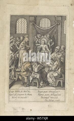 Christus als der 12-Jährige im Tempel Vita Deiparae Virginis Mariae (Titel der Serie) das Leben der Jungfrau Maria (Titel der Serie), Christus sitzt im Tempel auf einem Thron, hinter ihm zwei Engel. Er erklärt, das Skript zu den Schriftgelehrten. Josef und Maria geben Sie den Tempel und ihren 12-jährigen Sohn unter den Gelehrten finden. In der Marge eine 6-line Beschriftung, in zwei Spalten, in Latein. Der Druck ist Teil eines Albums, Christi Streit mit den Ärzten in den Tempel, er seine Argumente auf seine Finger zählt, Jean Matheus (auf Objekt erwähnt), Paris, 1590-1649, Papier, Gravur, H 101 mm x B 67 mm Stockfoto