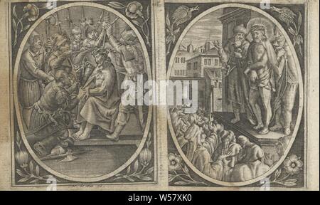 Dornenkrone Passion Christi (Titel der Serie), zwei Soldaten schieben Sie die Dornenkrone Christi Kopf mit Stöcken. Eine dritte Soldat gibt ihm den Stock. Oval innerhalb eines rechteckigen Rahmen, eine Blume in jeder Ecke. Der Druck ist Teil eines Albums, die Dornenkrönung: Soldaten mit Stöcken Platz ein dorniges Krone auf Christus's Kopf und geben Sie ihm ein Rode (Matthäus 27, 27-31, Markus 15:16-20, Johannes 19:2-3), anonym, 1576-1650, Papier, Gravur, H 85 mm x B 68 mm Stockfoto