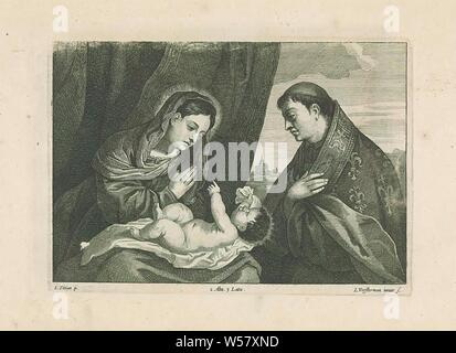 Anbetung Christi durch Maria und St. Louis von Toulouse, Maria und dem Jesuskind für Vorhänge. Saint Louis von Toulouse trägt Robe seines Bischofs. Im Hintergrund Gebäude in einer Landschaft. Dieser Ausdruck ist Teil eines Albums, Maria kniend (auf dem Boden), der Christus - Kind vor ihr lag, Ludwig von Anjou, Sohn des Königs von Neapel, Franziskaner, und Bischof von Toulouse, mögliche Attribute: Fleur-de-Lis auf seine bewältigen, Krone und Zepter, Lucas Grimm (II) (auf Objekt erwähnt), 1660, Papier, Gravur, H 160 mm x B 232 mm Stockfoto