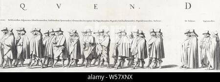 Der Trauerzug von Frederik Hendrik (Platte. 4), 1647 Der trauerzug von Stadholder Frederik Hendrik in Den Haag im Jahre 1647 (Titel der Serie), der trauerzug der Stadthalter Frederik Hendrik in Den Haag am 10. Mai 1647. Platte. 4 mit einem Teil der Prozession, über die Personen steht ihre Funktion. Teil einer Serie von 30 Platten und 20 Text blättern, die beide zusammen festzustecken., Trauerzug, Trauerzug, Pieter Nolpe, 1651, Papier, Gravur, H 210 mm x B 551 mm Stockfoto