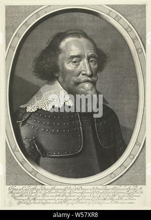 Portrait von Hendrik, Graf van den Bergh, Büste in Rüstung mit Spitzenkragen, in Ovaler Rahmen mit lateinischen Motto. Im unteren Rand lateinische Inschrift in fünf Zeilen., Hendrik Graf van den Bergh, Willem Jacobsz. Delff (auf Objekt erwähnt), Delft, 1634, Papier, Gravur, H 423 mm x B 299 mm Stockfoto