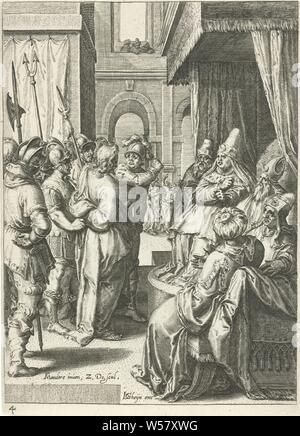 Christus für Annas Passion Christi (Titel der Serie), Christus ist vor dem Hohepriester Hannas. Drucken Sie aus einer Reihe von 13 Drucke und einen Titel drucken von Z. Dolendo und J. de Gheyn II, Christus vor Annas (Hanna), vielleicht ein Soldat über Christus (Johannes 18:13, 18: 19-24), Zacharias Dolendo (auf Objekt erwähnt), Leiden, 1596-1598, Papier, Gravur, H 143 mm x B 103 mm auf Streik Stockfoto