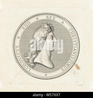 Medaille mit Büste von Ludwig XIV., der ein Abzeichen mit Büste und Profil von Louis XIV, Louis XIV (König von Frankreich), Gerard Edelinck, Paris, 1702, Papier, Gravur, H 83 mm x B 82 mm Stockfoto