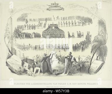 Trauerzug von König William II Täter des Ordens der späten Z.M. den Koning Willem II (Titel auf Objekt), In der Mitte der Prozession die Leiche Fahrten, die von Zahlen umgeben und von acht Pferden gezogen. Im Vordergrund steht eine Porträtbüste des Königs mit unter 'Quatre-Bras', ein Hinweis auf die Schlacht von quatre-bras am 16. Juni 1815, zwei Tage vor der Schlacht bei Waterloo. Auf der linken Seite der Büste ist eine verschleierte Frau, die erhält einen Lorbeerkranz aus einer knienden Figur. Rechts von der Büste ist eine dritte Figur, wahrscheinlich Wilhelm III., dem Nachfolger von König William II. Er Stockfoto