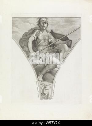 Mars Gemälde von Francesco Albani (Titel der Serie), den Krieg Gott Mars mit Schild und Speer. Dekoration eines pendentief., (Geschichte der) Mars (Ares), Giovanni Girolamo Frezza (auf Objekt erwähnt), 1704, Papier, Gravur, H 360 mm x B 282 mm Stockfoto