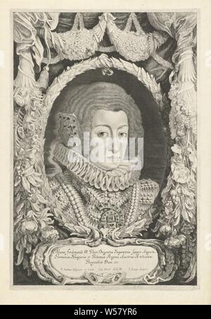 Portrait von Maria Anna von Spanien Ferdinandus II [us] und III [us] Imperatorum Domus Austriacae (Titel der Serie), Portrait von Maria Anna von Spanien, Frau des Kaisers des Heiligen Römischen Reiches Ferdinand III., Maria Anna von Österreich (Deutsche Kaiserin), Jacob Louys (auf Objekt erwähnt), Haarlem, 1644 - 1650, Papier, Ätzen, H 411 mm x B 278 mm Stockfoto