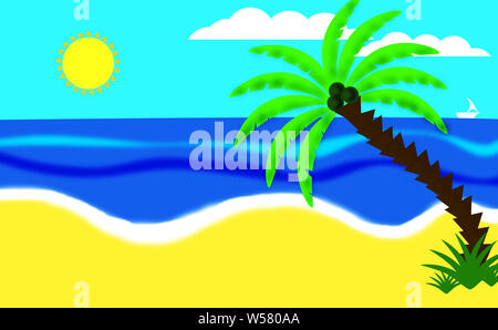 Abbildung. Kokosnuss Baum am Strand mit Blauer Himmel, Meer und Sonne in den Hintergrund. Stockfoto