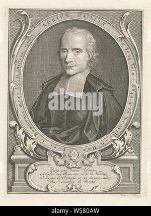 Portrait von Adrien Baillet, Büste Portrait der französische Gelehrte Adrien Baillet. Das Portrait ist in einem Ovalen Rahmen mit einer Inschrift in französischer Sprache eingerahmt. In einer Kartusche ein vierzeiliges Gedicht in französischer Sprache., Adrien Baillet, Dirk Jongman (auf Objekt erwähnt), Amsterdam, 1709 - 1726, Papier, Gravur, H 213 mm x B 159 mm Stockfoto